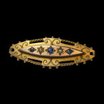 Antique 9K Victorian Era Blue Garnet-Topped Doublet & Seed Pearl Etruscan Mourning Brooch