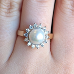 14K Gold & Cultured Pearl Ring Diamond Halo Size 6 1/4