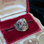 14K White Gold Ruby, Sapphire & Tourmaline Flower and Leaf Design Ring
