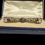 Edwardian / Deco Sterling Silver Filigree Bar Brooch with Marcasite & Amethyst