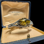 Sterling Silver Split Shank Amber Cuff Bracelet With Floral Motif