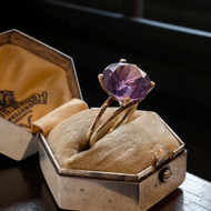 Large Faceted 14K Gold Amethyst Solitaire Cocktail Vintage Gold Double Band Ring