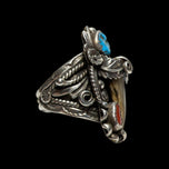 Sharon Cisco Navajo Native American Bear Claw Ring with Turquoise & Coral Size 10 1/4