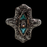 18K White Gold White Sapphire and Green Glass Art Deco Style Filigree Ring Size 3 1/4