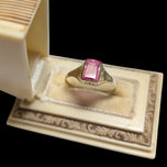 Antique 14K Yellow Gold Baguette Cut Synthetic Pink Sapphire Ring Size 5 1/4