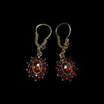 Gilt Silver / Gold Wash / Vermeil Bohemian Garnet Flower Cluster Drop Earrings Hinge Hoop