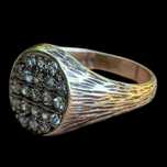 9K Gold and Diamond Cluster Signet Style Vintage Ring Wood Grain Design