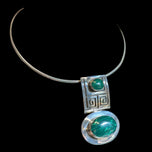Sterling Silver Mexican Geometric Malachite Articulated Pendant Collar / Choker Necklace