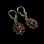 Gilt Silver / Gold Wash / Vermeil Bohemian Garnet Flower Cluster Drop Earrings Hinge Hoop