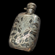 Sterling Silver 19th Century Glass Flask Engraved Overlay Medicinal Decanter