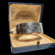 Vintage Silver Victorian Revival Wide Etched Hinge Cuff Bracelet