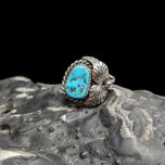 Native American Natural Turquoise Sterling Silver Ring Feather Decal Size 8 3/4