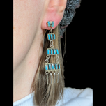 Sterling Silver Native American Turquoise Chandelier Stud Earrings Petit Point Signed