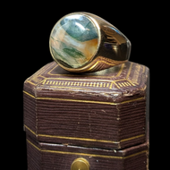 14K Yellow Moss Agate Oval Cabochon Ring Size 8 1/4