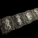 Sterling "S&F" Filigree Storytelling Panel Link Bracelet Asian Figures & Symbols