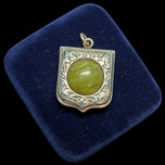 Antique Victorian Silver Scrollwork Shield Watch Fob Pendant Green Scottish Iona Marble Cabochon