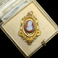 10K Yellow Gold Victorian Era Etruscan Revival Left Facing Cameo Locket / Pendant / Mourning Piece