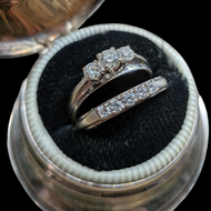 14K White Gold Diamond Trinity Style Ring and Matching Band Claw Set Size 7