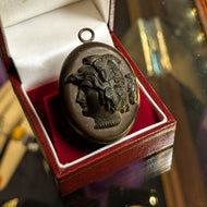 Antique 19th Century Gutta Percha Mourning Cameo Locket Pendant Left Facing Portrait