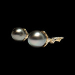 14K Yellow Gold Tahitian Black Pearl & Diamond Drop Hinge Hoop Earrings