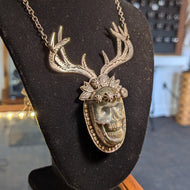 Sterling Silver Labradorite Skull With Antler Necklace