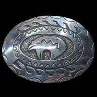 Navajo Sterling Silver Bear Oval Belt Buckle Native American