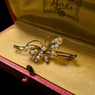 Antique 14K Yellow Gold Butterfly Brooch with Seed Pearls