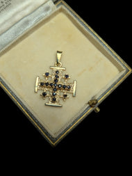 14K Yellow Gold Jerusalem Cross with Sapphires