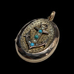 Antique Gold Filled Mourning Sailor Etched Anchor Locket With Turquoise and Seed Pearls