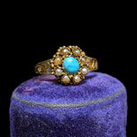 15 CT Gold Turquoise and Seed Pearl Antique Victorian Georgian Scroll Work Ring