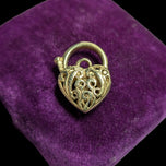 9K Yellow Gold Open Work Filigree Heart Lock / Padlock Pendant / Connector Charm
