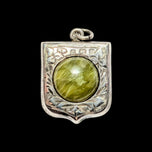 Antique Victorian Silver Scrollwork Shield Watch Fob Pendant Green Scottish Iona Marble Cabochon