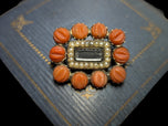 Antique 9K Gold Georgian Era Mourning Hair Brooch Carved Coral & Seed Pearl