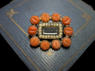 Antique 9K Gold Georgian Era Mourning Hair Brooch Carved Coral & Seed Pearl