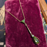 Edwardian 9CT Gold Peridot and Seed Pearl Lavalier Necklace