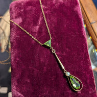 Edwardian 9CT Gold Peridot and Seed Pearl Lavalier Necklace