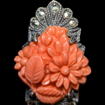 Art Deco Sterling Silver Carved Coral and Marcasite Filigree Ring Size 4