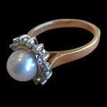 14K Gold & Cultured Pearl Ring Diamond Halo Size 6 1/4