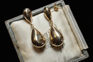 14K Yellow Gold Hollow Tear Drop Dangle Earrings Stud Back