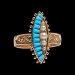 14K Rose Gold Victorian Era Turquoise & Seed Pearl Marquise Ring Size 8 1/4