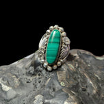 George Kee Sterling Silver Navajo Green Malachite Cabochon Ring Signed G.K. Size 6.5