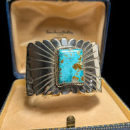 Elisabeth Guerro Native American Navajo Natural Turquoise Silver Cuff with Etching