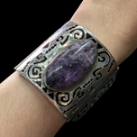 Sterling Silver and Amethyst Geometric Patterned Large Bracelet