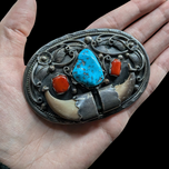 James Bahe Sterling Silver Navajo Turquoise, Coral & Claw Belt Buckle
