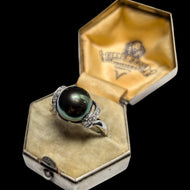 14K White Gold Diamond & Tahitian Black Pearl Ring Size 5 3/4