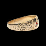 Antique 10K Yellow Gold Purple Sapphire, Garnet, White Topaz Etched Band / Gypsy Ring Size 6 1/2