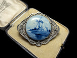 .800 Silver Delft Holland Windmill Brooch with Filigree Setting