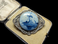 .800 Silver Delft Holland Windmill Brooch with Filigree Setting