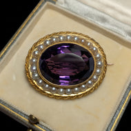 Victorian 14K Gold Natural Amethyst & Seed Pearl Brooch / Pendant