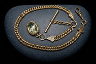 Antique Victorian Gold Fill Pocket Watch Chain & Double Sided Locket Fob: Yellow & Moss Agate